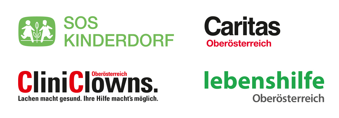 Arrangement der Logos der teilnehmenden Organisationen: SOS Kinderdorf Rechberg, Reitzentrum Caritas Isidor, CliniClowns OÖ, OÖ Lebenshilfe